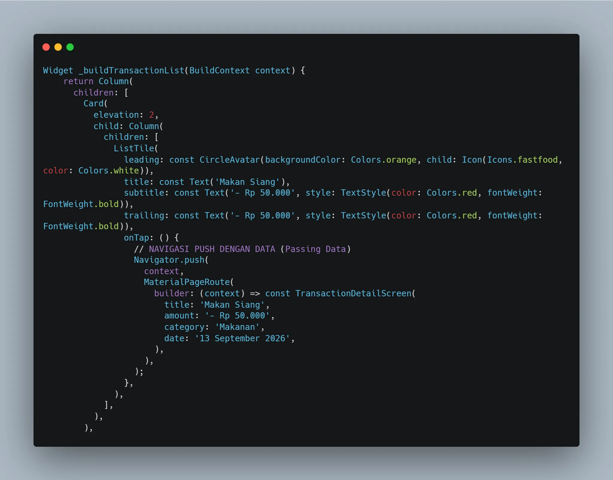 Method _buildTransactionList dengan transaksi Makan Siang