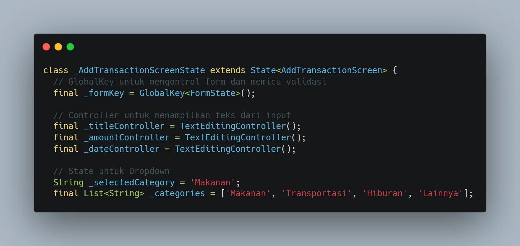Deklarasi GlobalKey, TextEditingController, dan daftar kategori