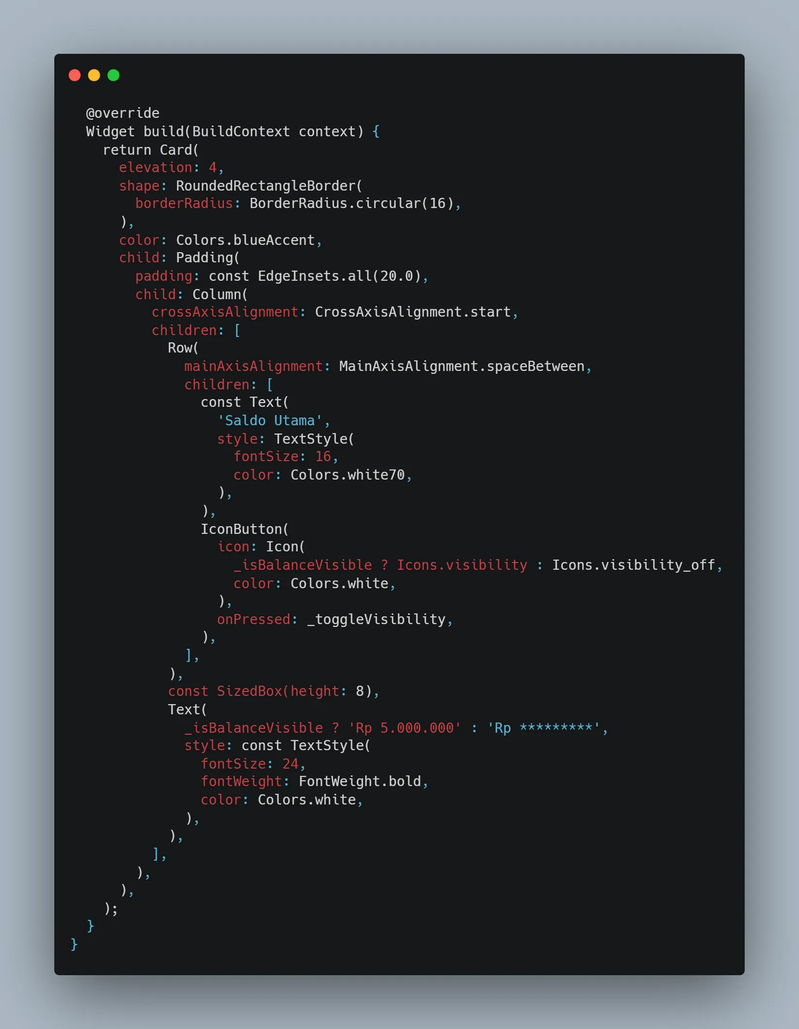 Screenshot Build method dengan Card