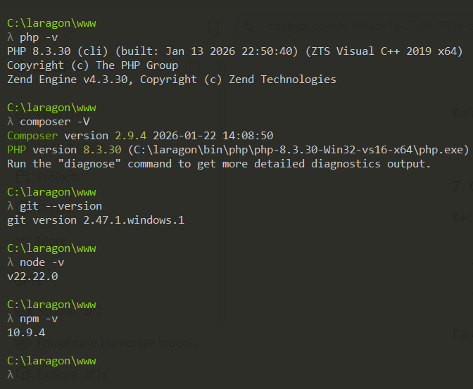 Screenshot pengecekan versi PHP Composer Git Node JS dan NPM