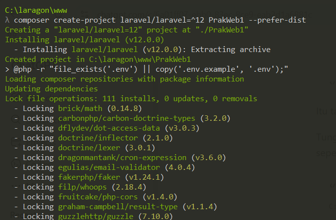 Screenshot perintah composer create project Laravel