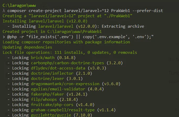 Screenshot perintah composer create project Laravel