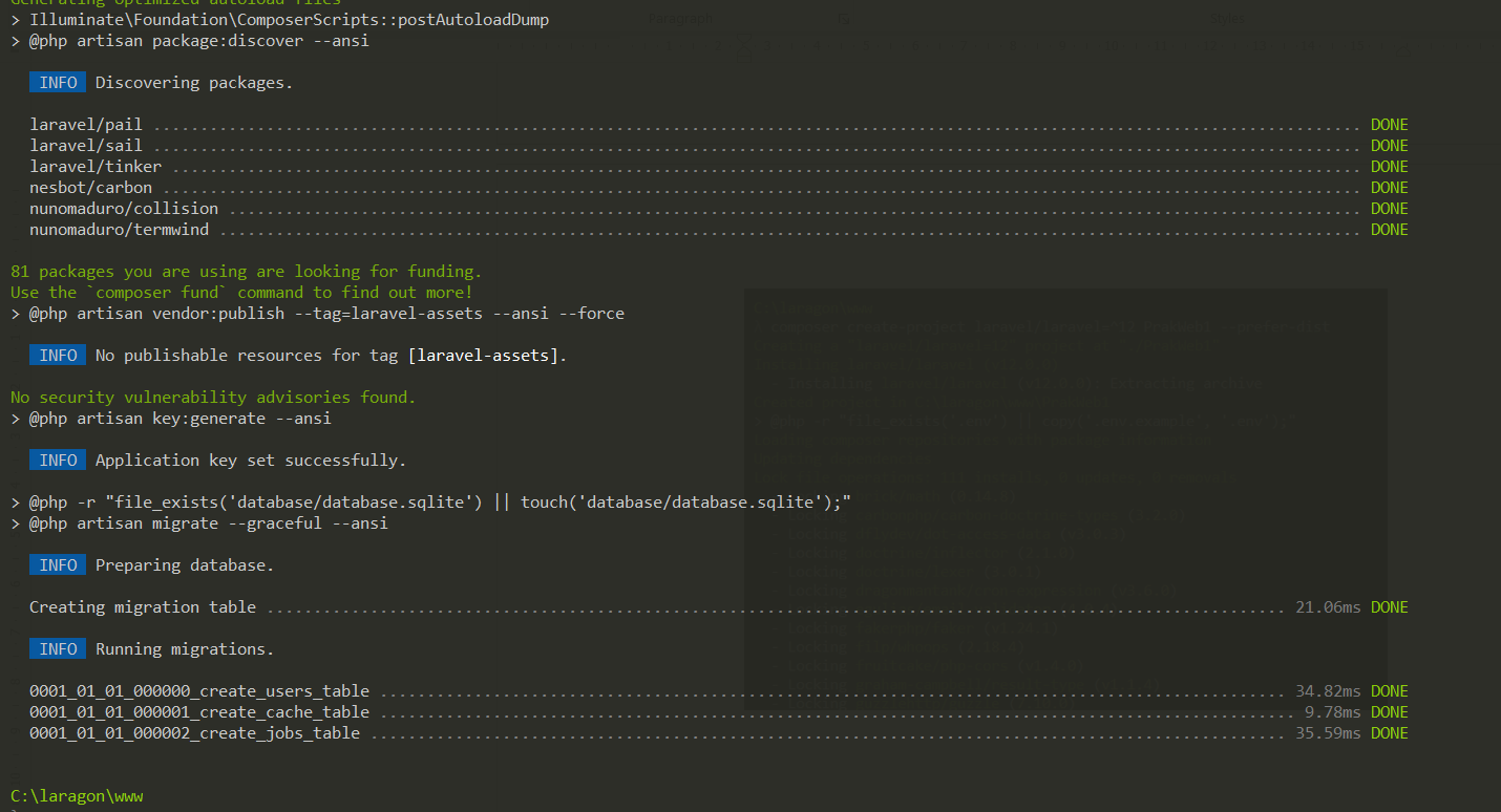 Screenshot proses instalasi dependensi Laravel selesai