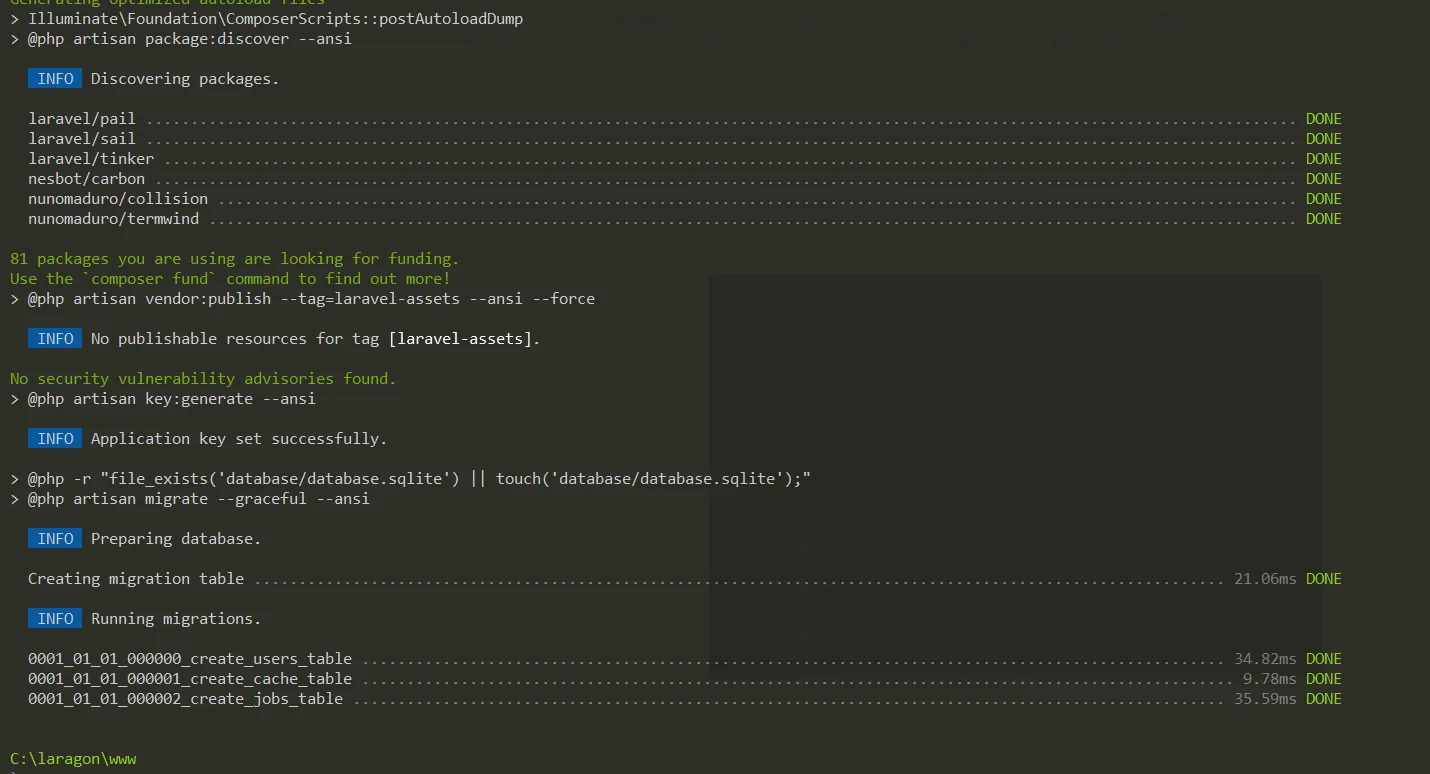 Screenshot proses instalasi dependensi Laravel selesai