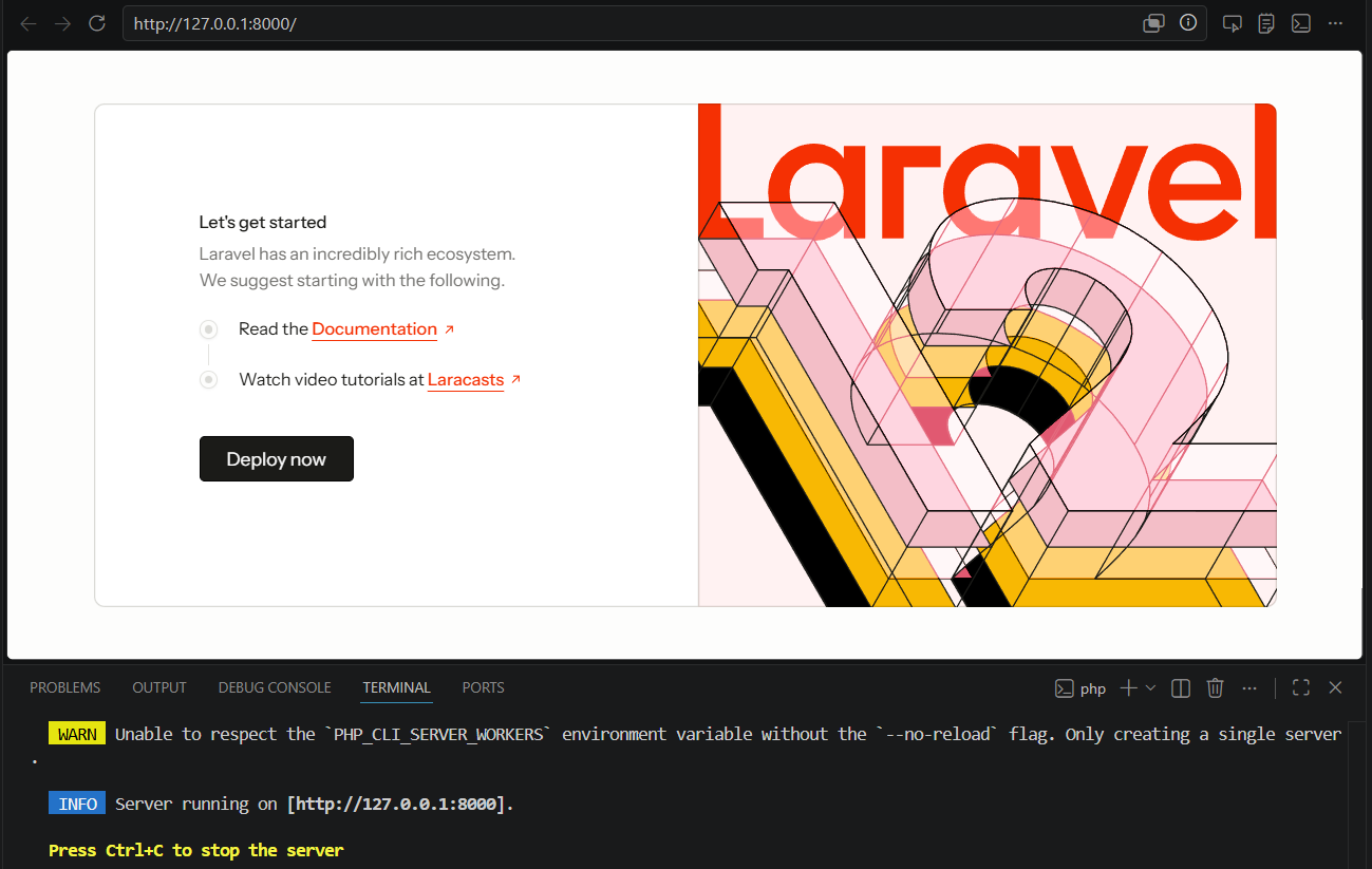Screenshot halaman awal Laravel dan terminal php artisan serve