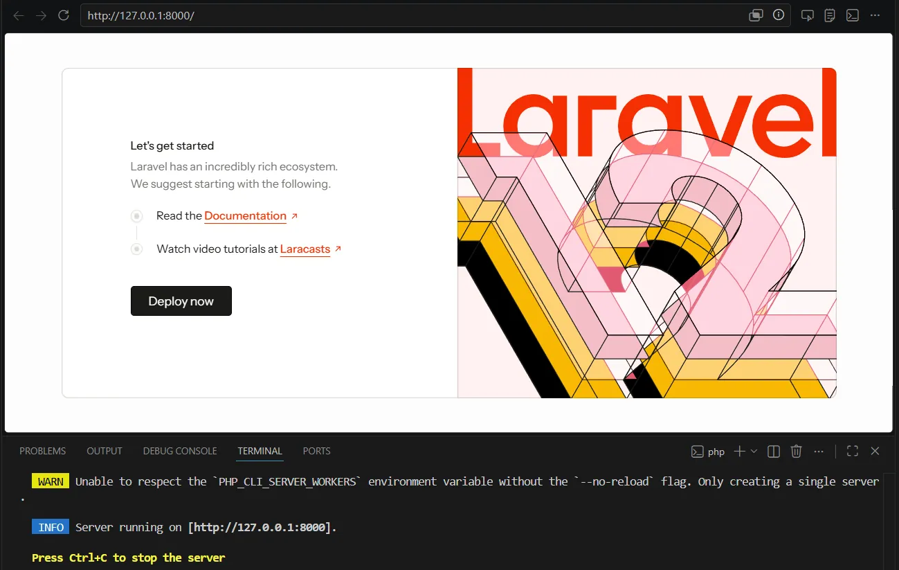 Screenshot halaman awal Laravel dan terminal php artisan serve
