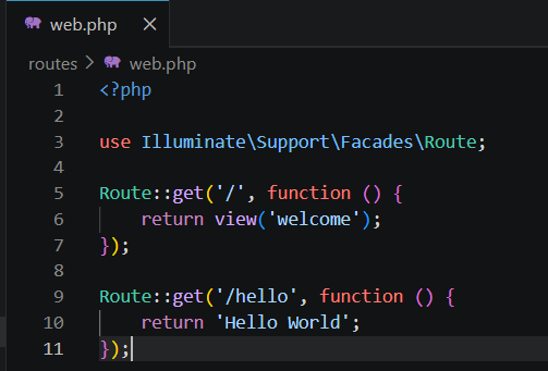 Screenshot route hello world pada file web php