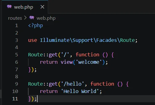 Screenshot route hello world pada file web php