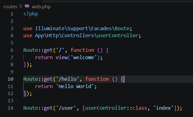 Screenshot route user pada file web php