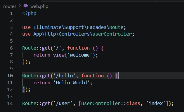 Screenshot route user pada file web php