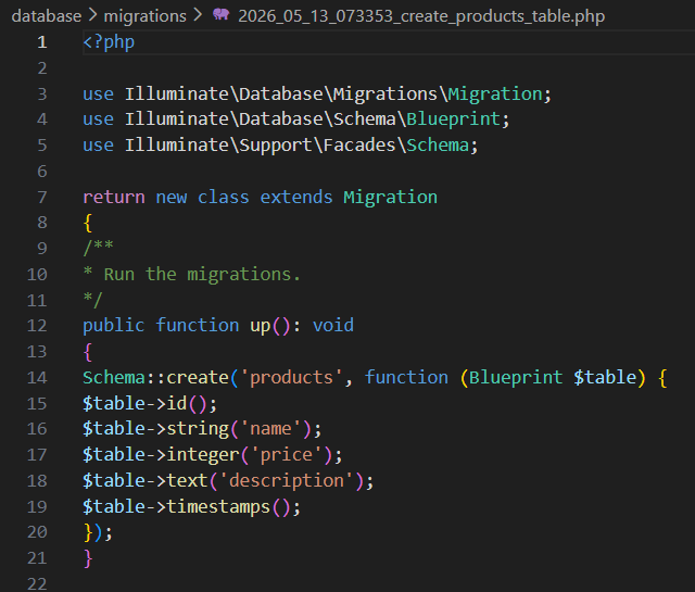 Kode struktur tabel products pada function up