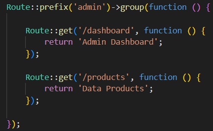 Contoh kode route group dengan prefix admin