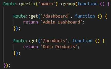 Contoh kode route group dengan prefix admin