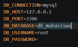 Konfigurasi database mahasiswa pada file env