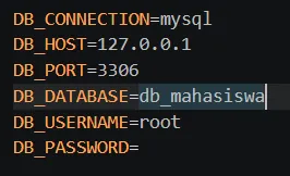 Konfigurasi database mahasiswa pada file env