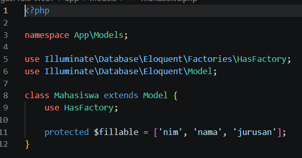 Kode model Mahasiswa dengan fillable nim nama jurusan