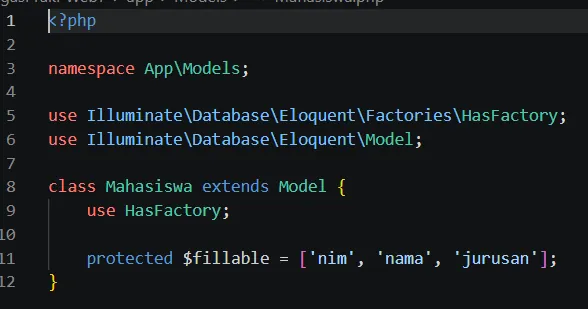 Kode model Mahasiswa dengan fillable nim nama jurusan