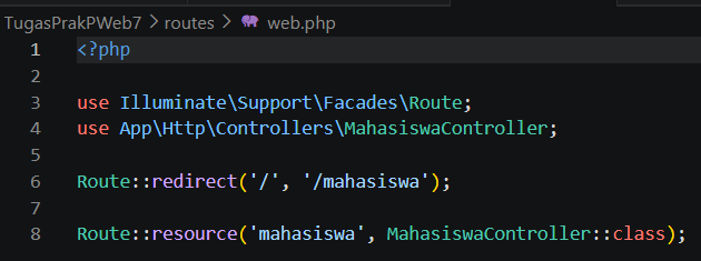 Route resource mahasiswa pada file web php