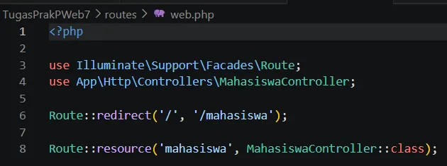 Route resource mahasiswa pada file web php