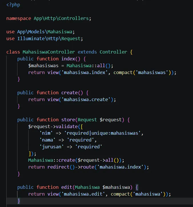 Kode awal MahasiswaController