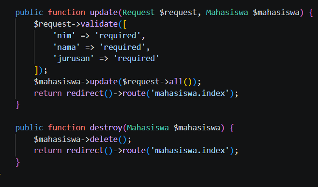 Kode update dan delete pada MahasiswaController