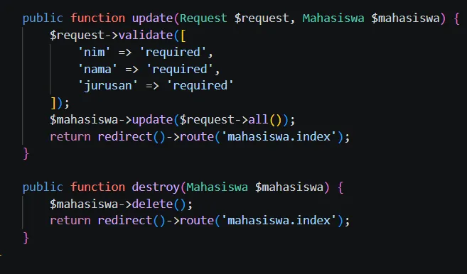 Kode update dan delete pada MahasiswaController