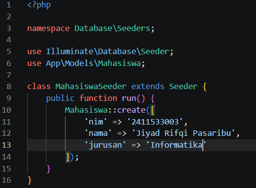 Kode MahasiswaSeeder untuk data awal mahasiswa