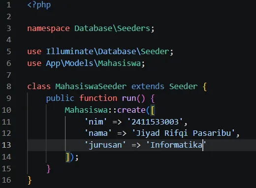 Kode MahasiswaSeeder untuk data awal mahasiswa