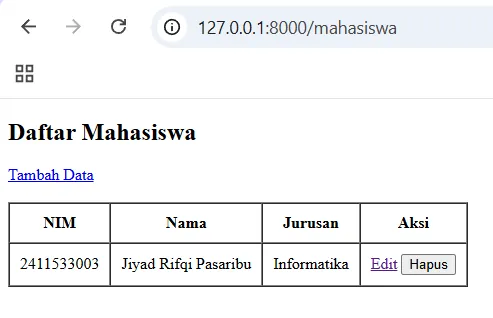Output halaman daftar mahasiswa