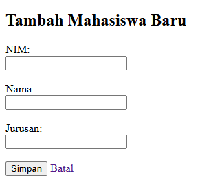Output form tambah mahasiswa baru