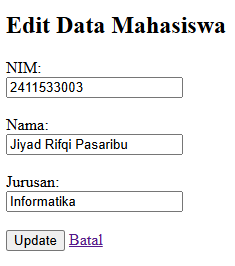 Output form edit data mahasiswa