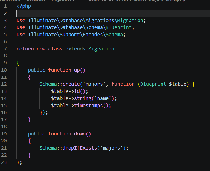 Kode migration tabel majors
