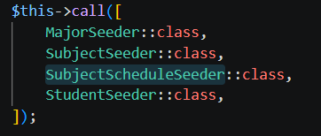 Kode pemanggilan seeder pada DatabaseSeeder