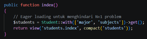 Kode function index pada StudentController
