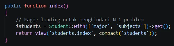 Kode function index pada StudentController