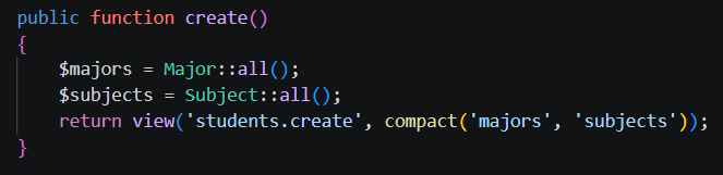 Kode function create pada StudentController