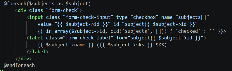 Kode checkbox mata kuliah pada form