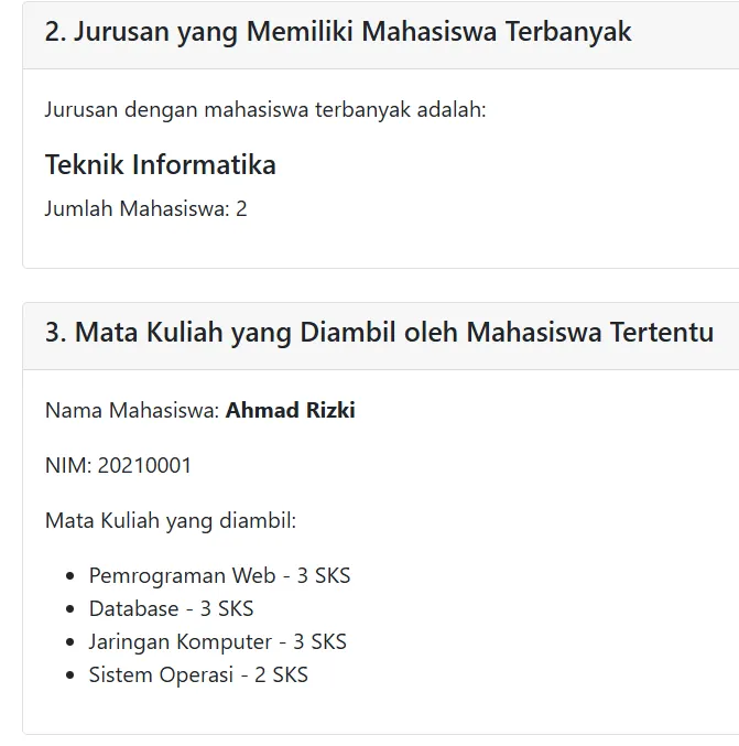 Output jurusan terbanyak dan mata kuliah mahasiswa tertentu