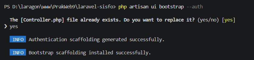 Terminal menjalankan npm install dan npm run build pada project Laravel
