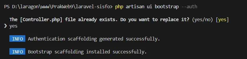 Terminal menjalankan npm install dan npm run build pada project Laravel