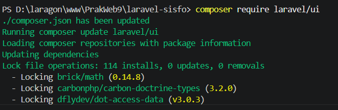 Instalasi package laravel ui dan bootstrap auth melalui terminal
