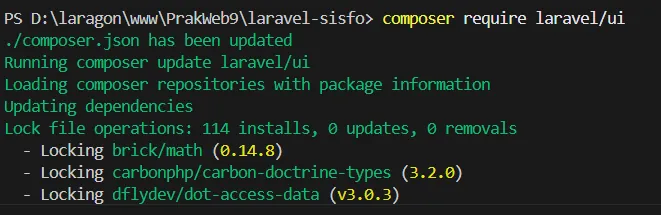 Instalasi package laravel ui dan bootstrap auth melalui terminal