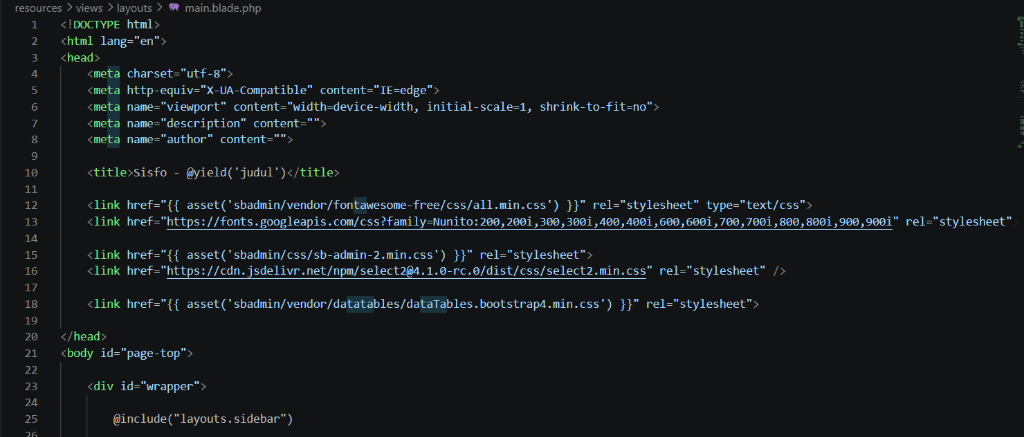 Kode file main blade php sebagai layout global
