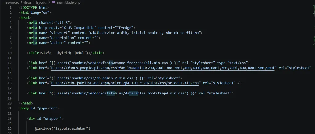 Kode file main blade php sebagai layout global
