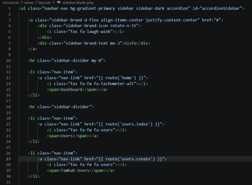 Kode sidebar blade php bagian 1