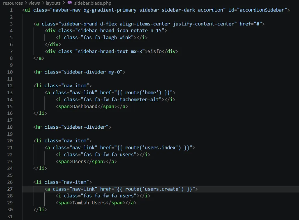 Kode sidebar blade php bagian 1