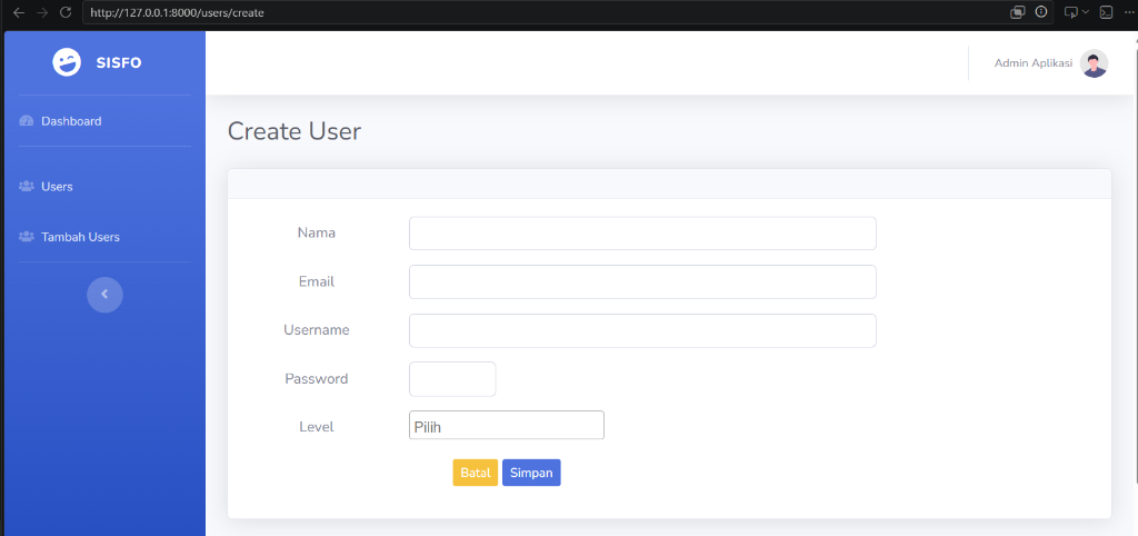 Tampilan form create user pada browser