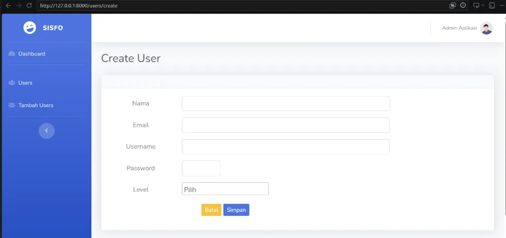 Tampilan form create user pada browser