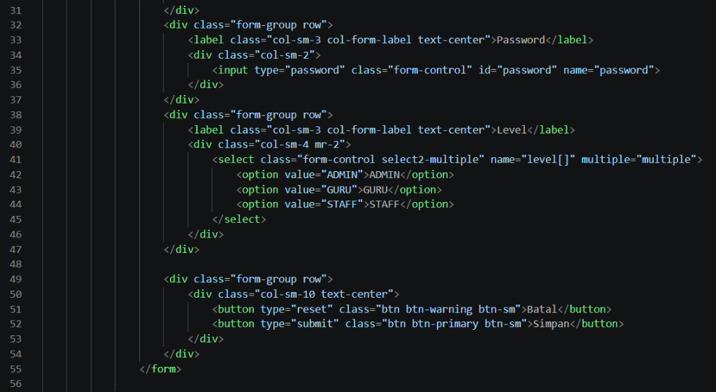 Kode index blade php untuk menampilkan list user