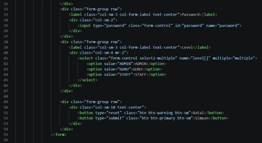 Kode index blade php untuk menampilkan list user